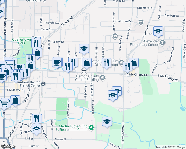 map of restaurants, bars, coffee shops, grocery stores, and more near 1201 East McKinney Street in Denton