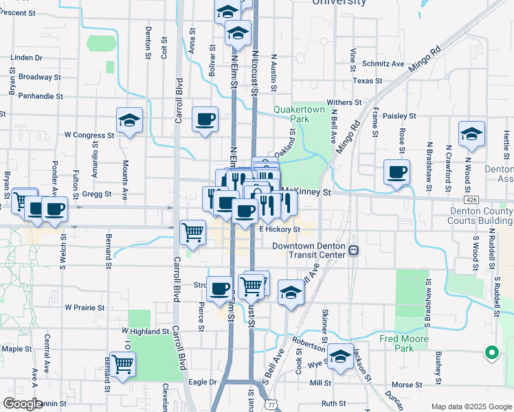 map of restaurants, bars, coffee shops, grocery stores, and more near in Denton
