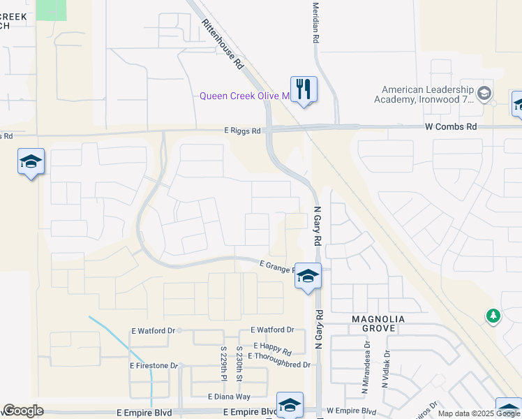 map of restaurants, bars, coffee shops, grocery stores, and more near 23036 East Excelsior Avenue in Queen Creek