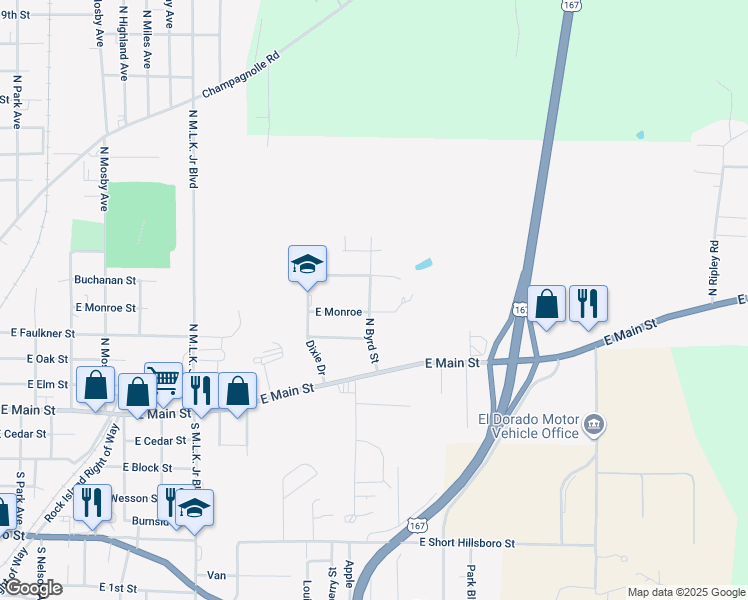 map of restaurants, bars, coffee shops, grocery stores, and more near 503 North Byrd Street in El Dorado