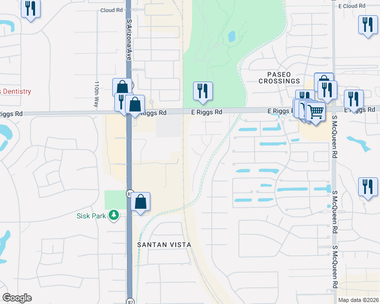 map of restaurants, bars, coffee shops, grocery stores, and more near 392 East Bellerive Place in Chandler