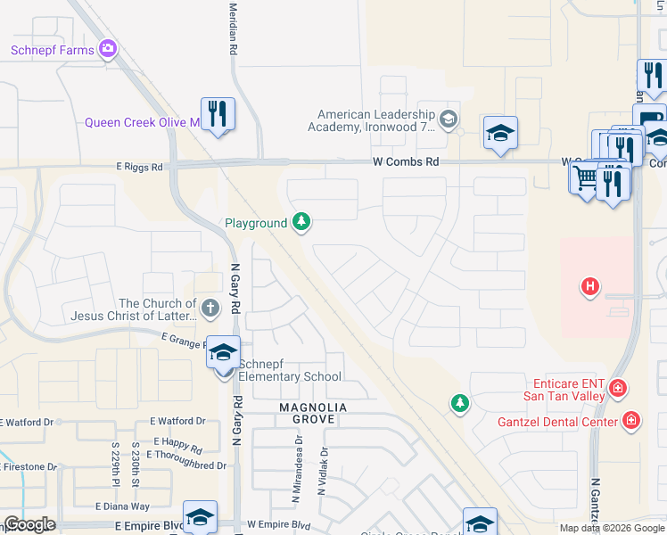 map of restaurants, bars, coffee shops, grocery stores, and more near 1092 Canyonlands Ct in San Tan Valley