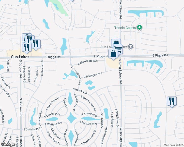 map of restaurants, bars, coffee shops, grocery stores, and more near 10112 East Michigan Avenue in Sun Lakes