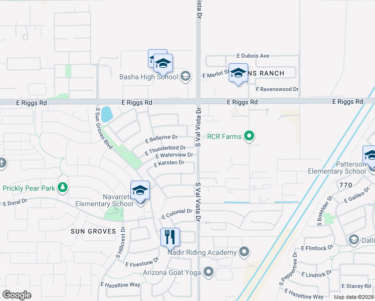 map of restaurants, bars, coffee shops, grocery stores, and more near 4967 East Thunderbird Drive in Chandler