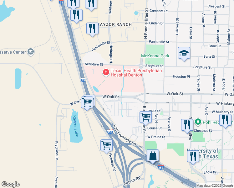 map of restaurants, bars, coffee shops, grocery stores, and more near 2524 West Oak Street in Denton