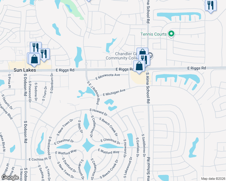 map of restaurants, bars, coffee shops, grocery stores, and more near 10112 East Michigan Avenue in Sun Lakes