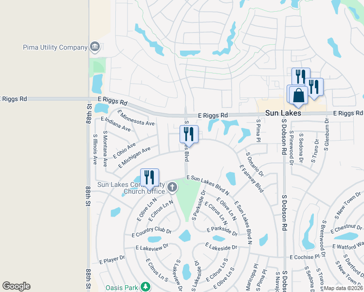 map of restaurants, bars, coffee shops, grocery stores, and more near 25615 South Fairway Court in Sun Lakes
