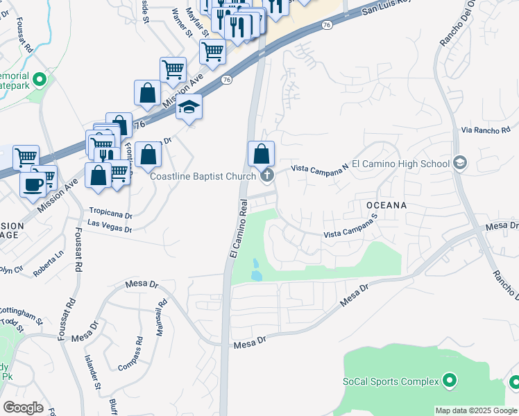 map of restaurants, bars, coffee shops, grocery stores, and more near 3625 Vista Oceana in Oceanside