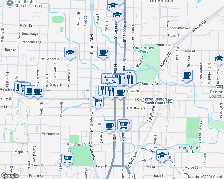 map of restaurants, bars, coffee shops, grocery stores, and more near 205 North Elm Street in Denton