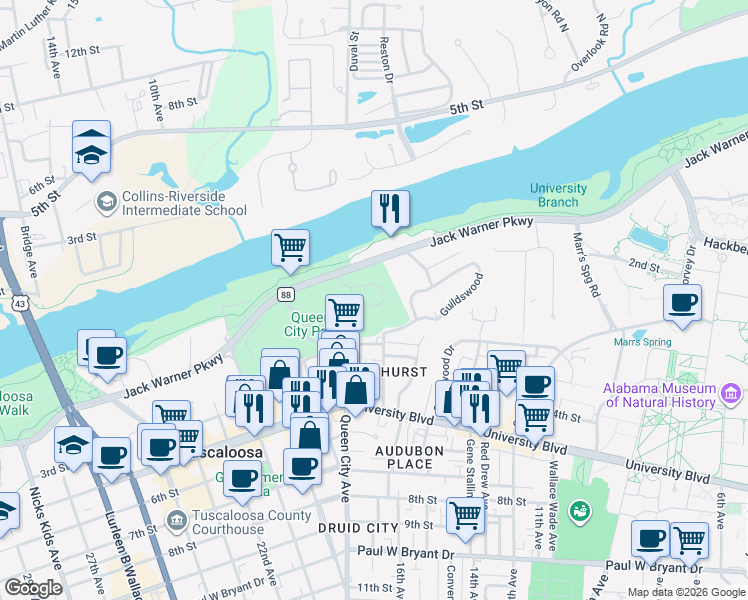 map of restaurants, bars, coffee shops, grocery stores, and more near 1745 Jack Warner Parkway in Tuscaloosa