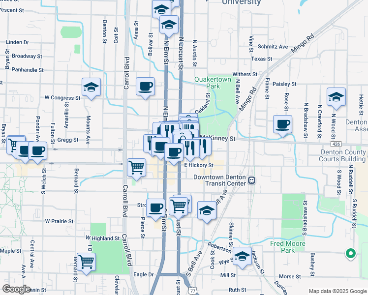 map of restaurants, bars, coffee shops, grocery stores, and more near 103 East Oak Street in Denton