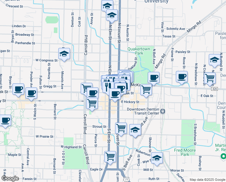 map of restaurants, bars, coffee shops, grocery stores, and more near in Denton
