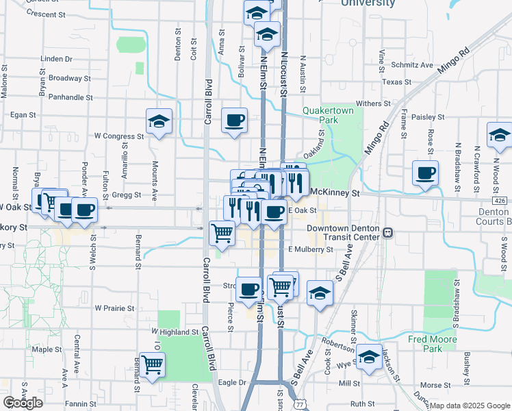 map of restaurants, bars, coffee shops, grocery stores, and more near 205 North Elm Street in Denton