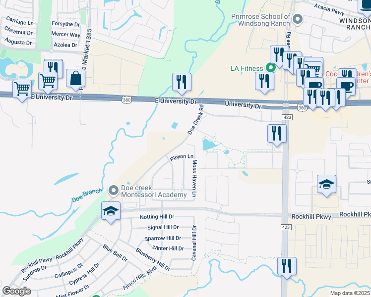 map of restaurants, bars, coffee shops, grocery stores, and more near 435 Hyer Circle in Little Elm