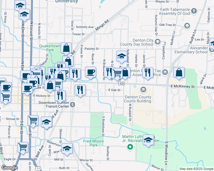 map of restaurants, bars, coffee shops, grocery stores, and more near 1013-10 East McKinney Street in Denton