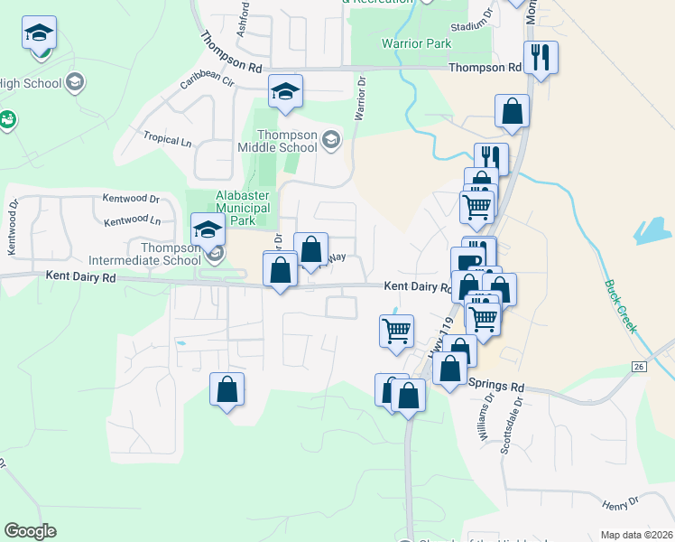 map of restaurants, bars, coffee shops, grocery stores, and more near 274 Park Place Way in Alabaster
