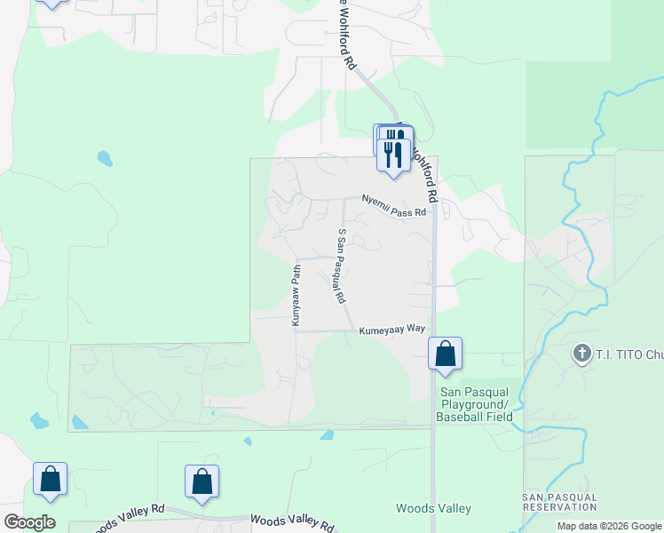 map of restaurants, bars, coffee shops, grocery stores, and more near 27714 South San Pasqual Road in Valley Center