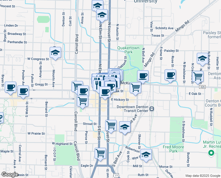map of restaurants, bars, coffee shops, grocery stores, and more near 100 West Oak Street in Denton