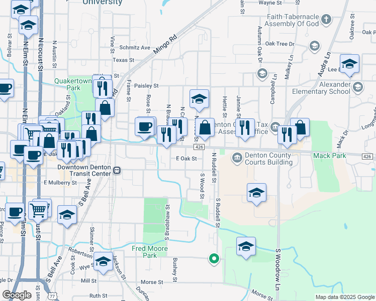map of restaurants, bars, coffee shops, grocery stores, and more near 1013-10 East McKinney Street in Denton