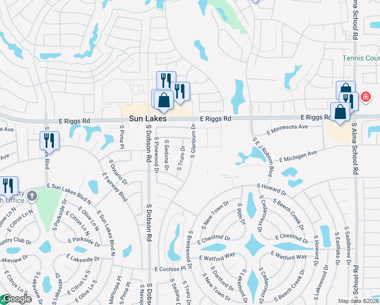 map of restaurants, bars, coffee shops, grocery stores, and more near 25414 South Glenburn Drive in Sun Lakes