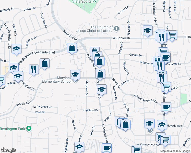 map of restaurants, bars, coffee shops, grocery stores, and more near 615 North Avenue in Vista