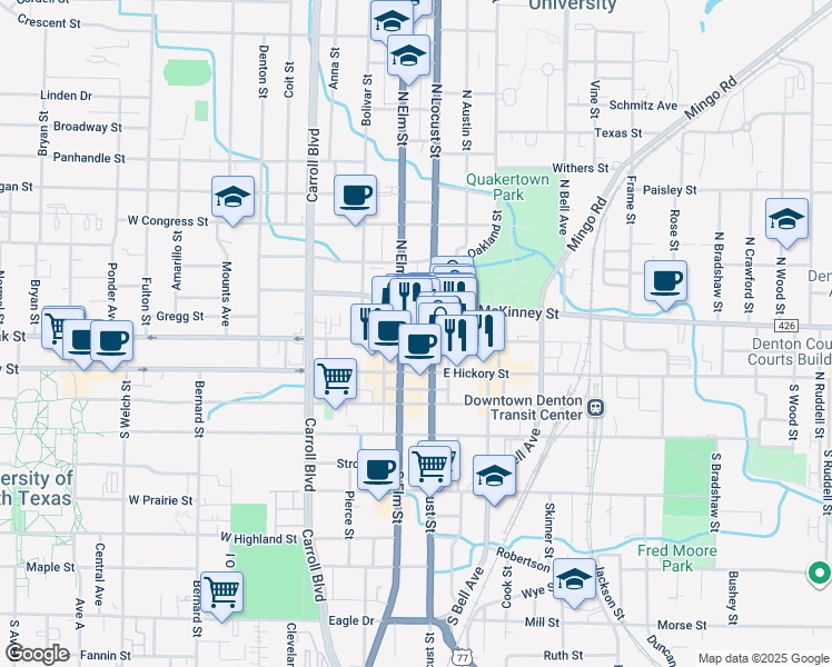 map of restaurants, bars, coffee shops, grocery stores, and more near 100 West Oak Street in Denton