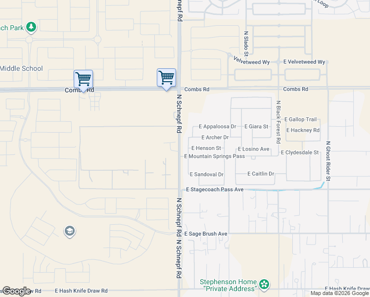 map of restaurants, bars, coffee shops, grocery stores, and more near 37100 North Addison Lane in San Tan Valley