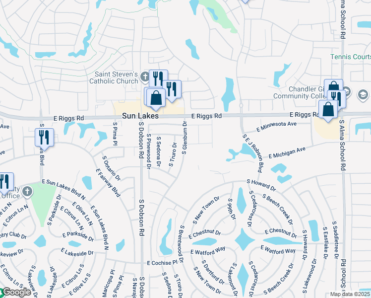 map of restaurants, bars, coffee shops, grocery stores, and more near 25414 South Glenburn Drive in Sun Lakes
