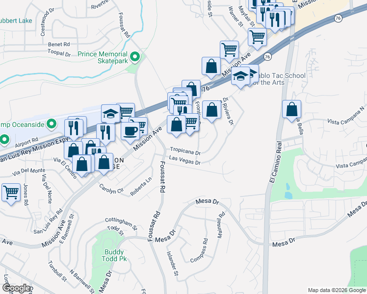 map of restaurants, bars, coffee shops, grocery stores, and more near 3342 Tropicana Drive in Oceanside