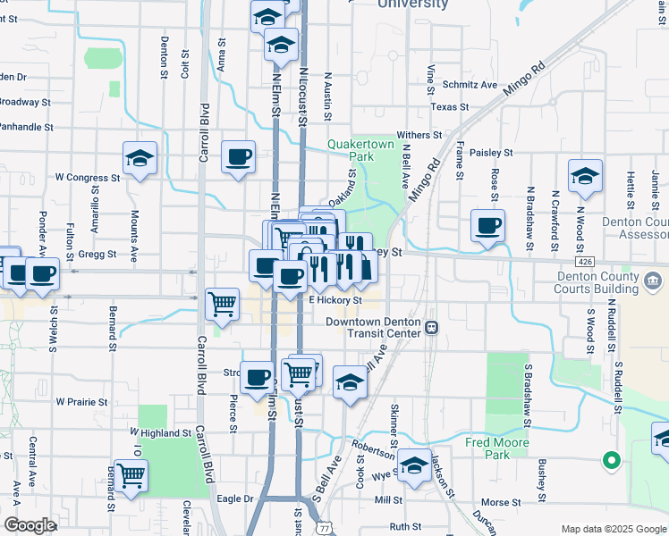map of restaurants, bars, coffee shops, grocery stores, and more near Denton Street in Denton