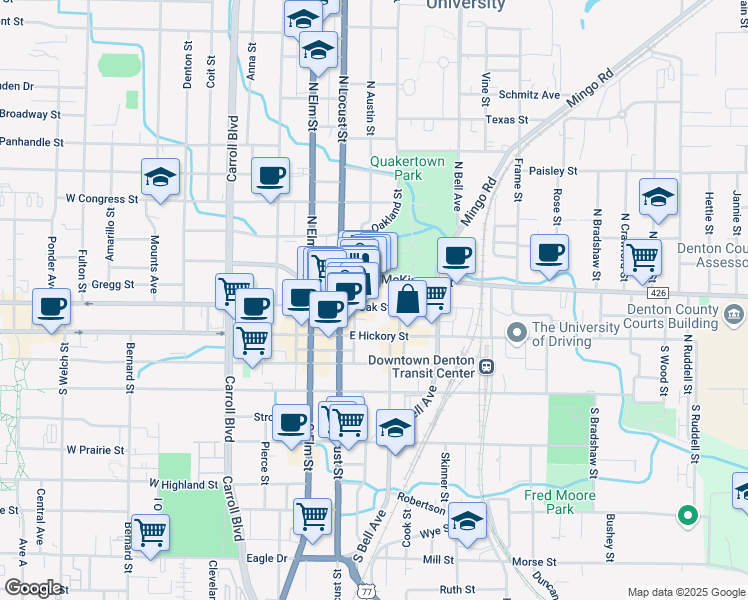 map of restaurants, bars, coffee shops, grocery stores, and more near 211 East Oak Street in Denton