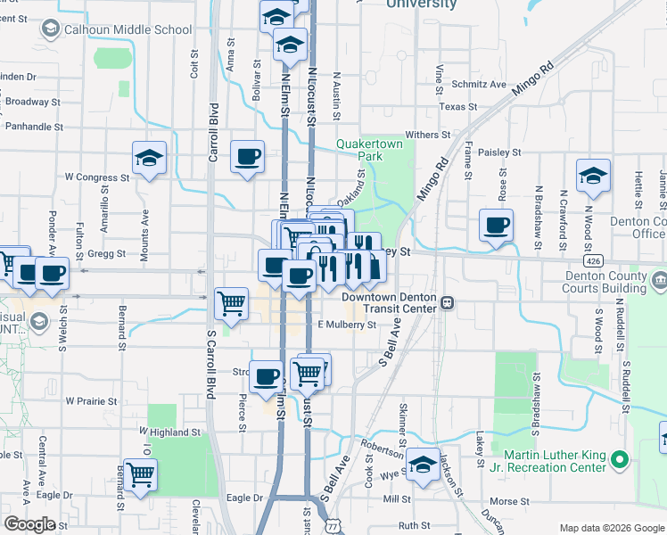 map of restaurants, bars, coffee shops, grocery stores, and more near 211 East Oak Street in Denton