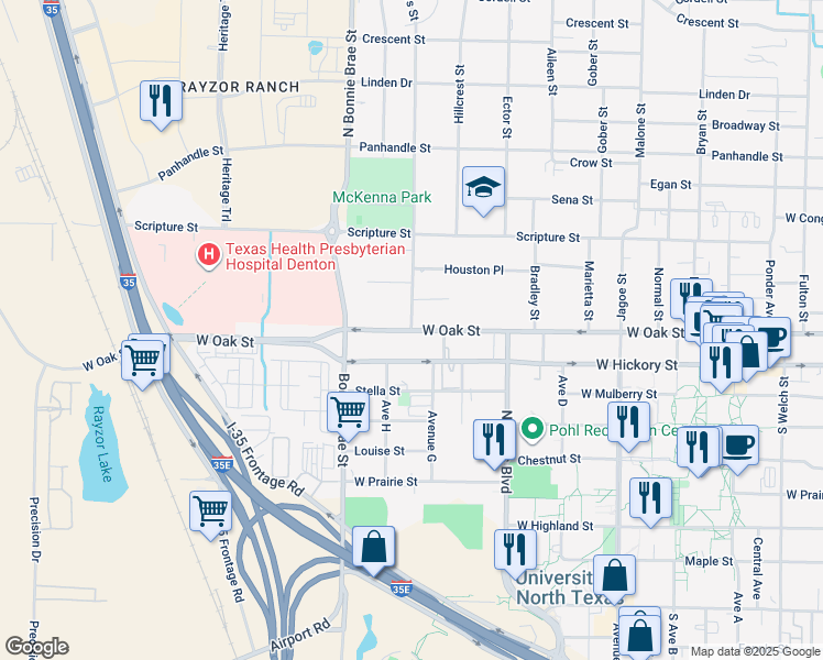 map of restaurants, bars, coffee shops, grocery stores, and more near 2266 West Oak Street in Denton