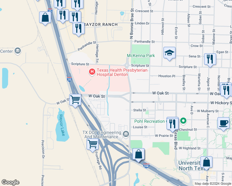 map of restaurants, bars, coffee shops, grocery stores, and more near 2444 West Oak Street in Denton