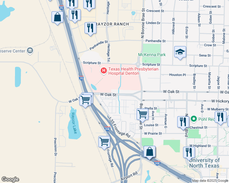 map of restaurants, bars, coffee shops, grocery stores, and more near 2424 West Oak Street in Denton