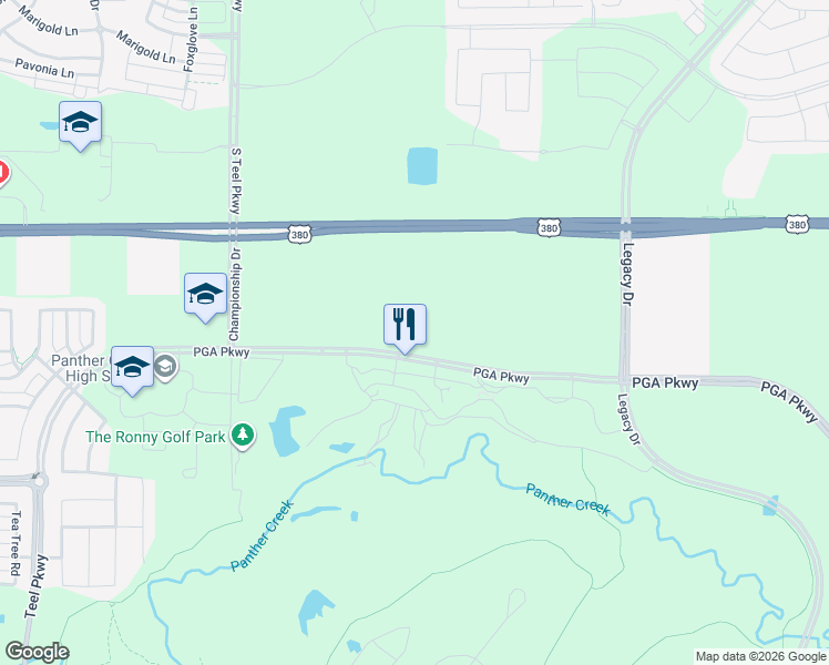 map of restaurants, bars, coffee shops, grocery stores, and more near 3900 PGA Parkway in Frisco