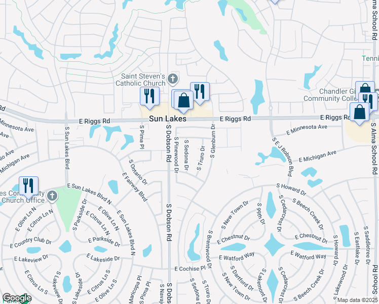 map of restaurants, bars, coffee shops, grocery stores, and more near 25408 South Sedona Drive in Sun Lakes