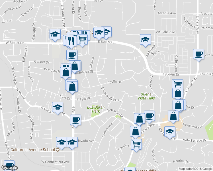 map of restaurants, bars, coffee shops, grocery stores, and more near 315 Apollo Drive in Vista