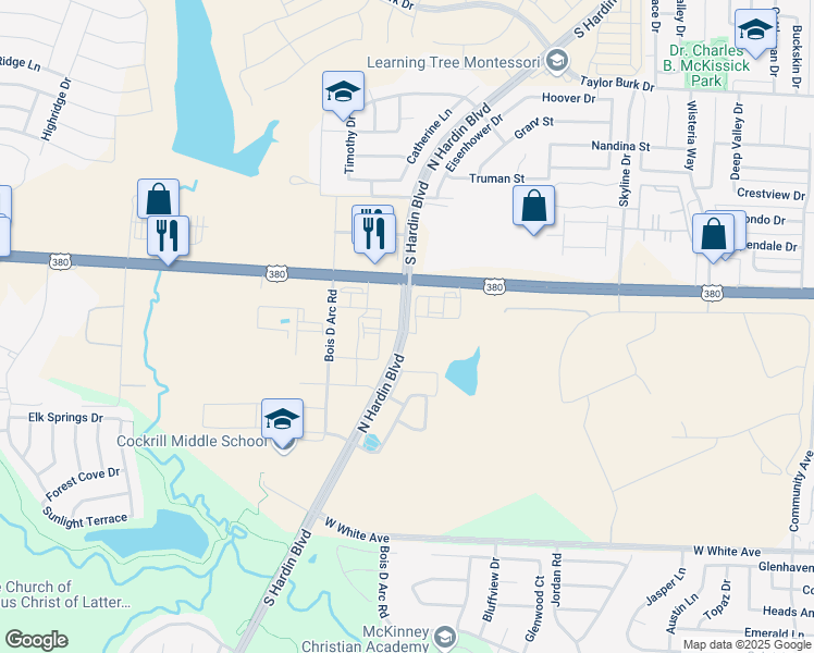 map of restaurants, bars, coffee shops, grocery stores, and more near Hardin Boulevard in McKinney