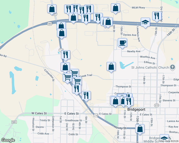 map of restaurants, bars, coffee shops, grocery stores, and more near 401 Turkey Creek Trail in Bridgeport