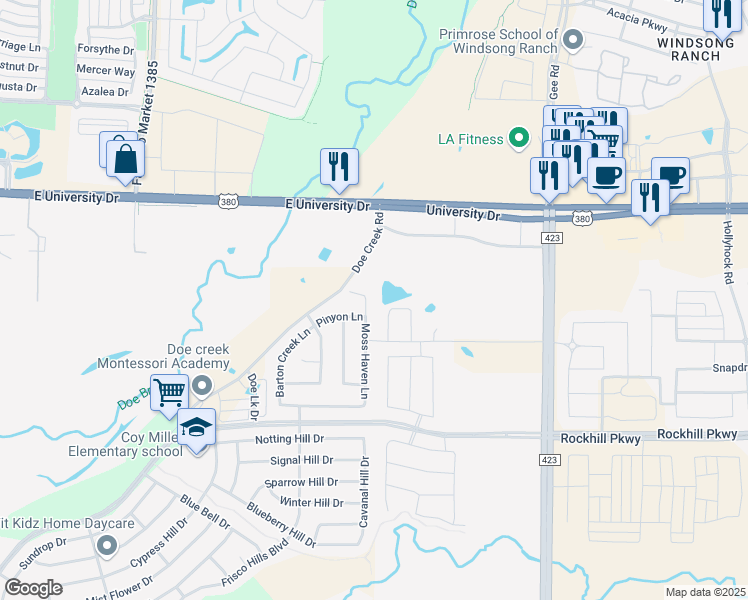 map of restaurants, bars, coffee shops, grocery stores, and more near 16570 Moss Haven Lane in Little Elm