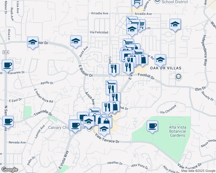map of restaurants, bars, coffee shops, grocery stores, and more near 1220 Calle Jules in Vista