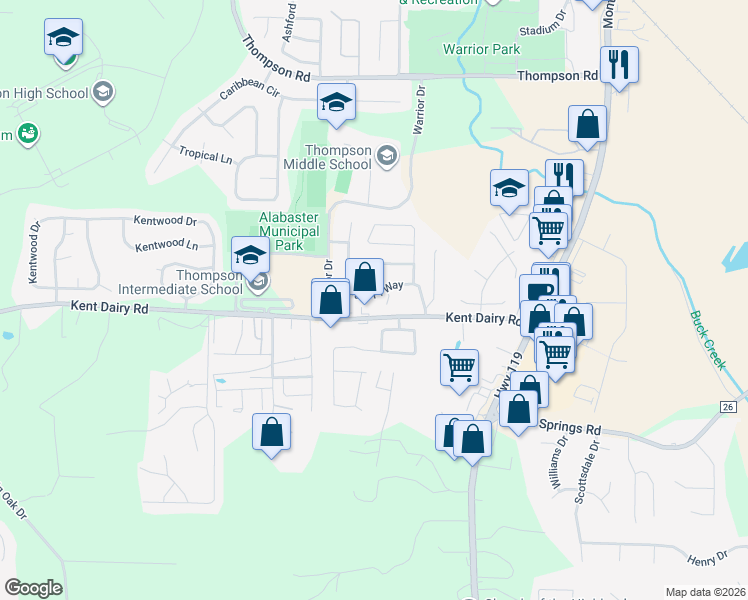 map of restaurants, bars, coffee shops, grocery stores, and more near 252 Park Place Way in Alabaster