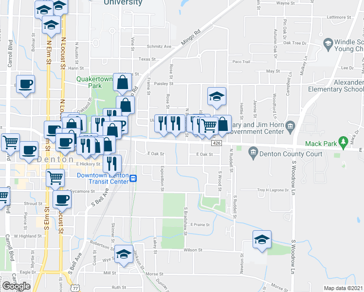 map of restaurants, bars, coffee shops, grocery stores, and more near 826 East McKinney Street in Denton