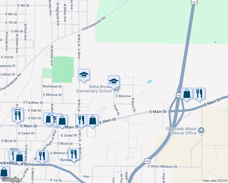 map of restaurants, bars, coffee shops, grocery stores, and more near 505 Dixie Drive in El Dorado