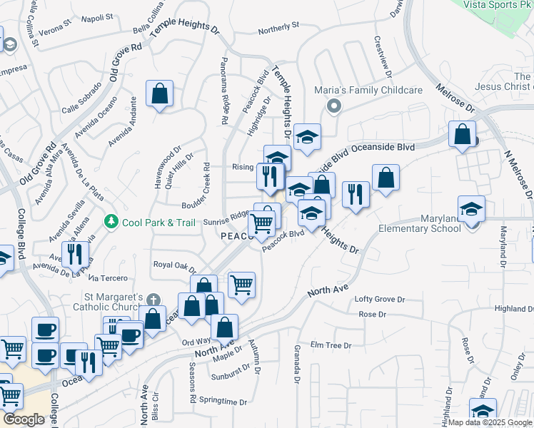 map of restaurants, bars, coffee shops, grocery stores, and more near 4753 Westridge Drive in Oceanside