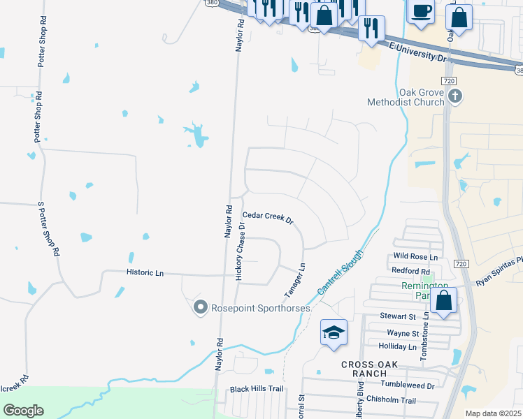 map of restaurants, bars, coffee shops, grocery stores, and more near 11201 Cedar Creek Drive in Cross Roads