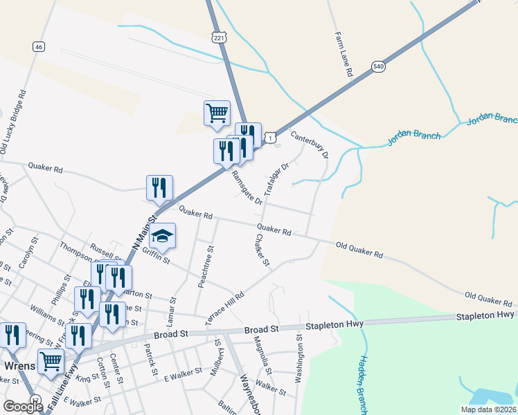 map of restaurants, bars, coffee shops, grocery stores, and more near 105 Trafalgar Dr in Wrens