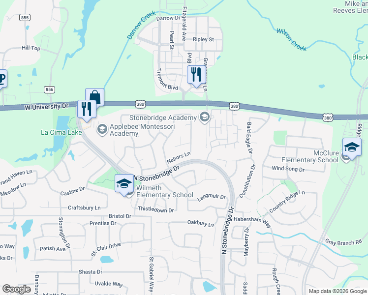 map of restaurants, bars, coffee shops, grocery stores, and more near 7309 Braemar Terrace in McKinney