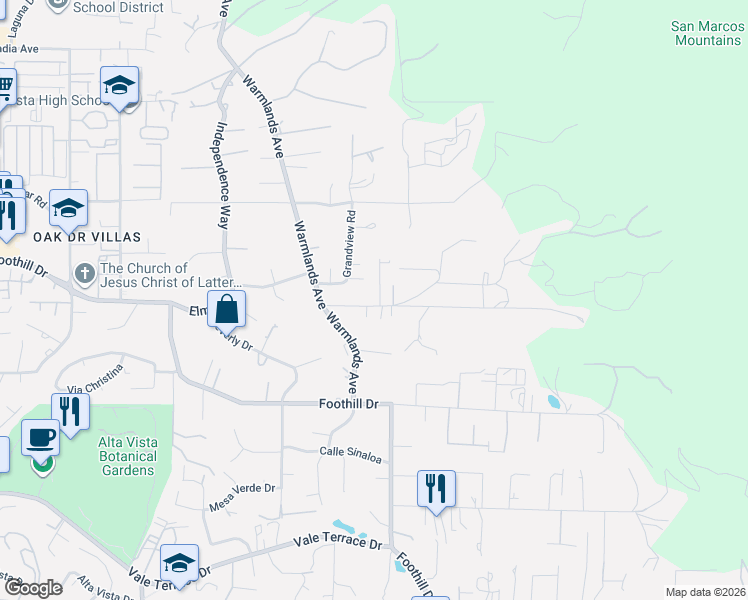 map of restaurants, bars, coffee shops, grocery stores, and more near 1860 Alessandro Trail in Vista
